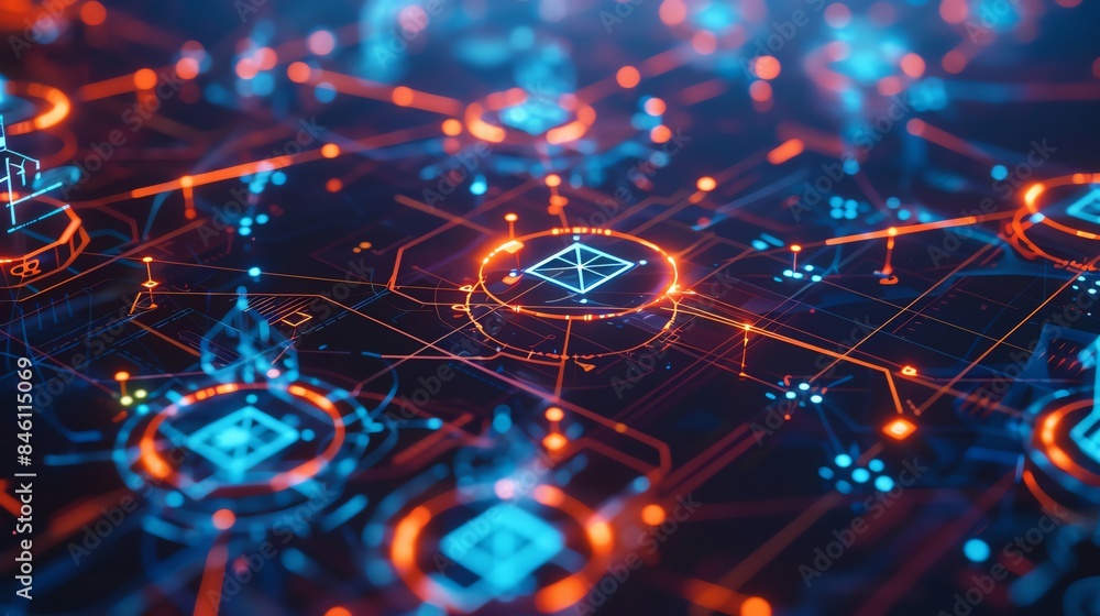 Poster futuristic digital network with interconnected data nodes, showcasing technological advancement and 