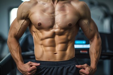 Fototapeta premium Muscular man with defined abs and toned upper body in a gym setting, capturing strength and fitness. Ideal for health and wellness concepts.