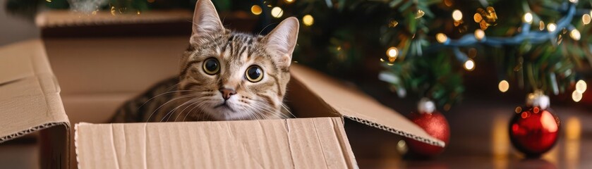 Cat using a cardboard box as a spaceship, travelling to a summer Christmas island