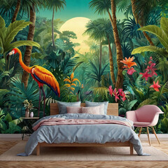 Fototapeta premium A vibrant and enchanting illustration of a tropical jungle filled with various magical fantasy animals. The scene features lush greenery, colorful birds, and whimsical creatures, creating a lively and
