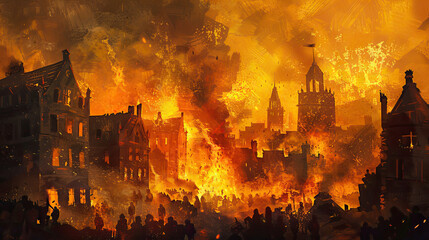 Great Fire of London painting, intense orange-yellow flames, chaos, 17th-century buildings.