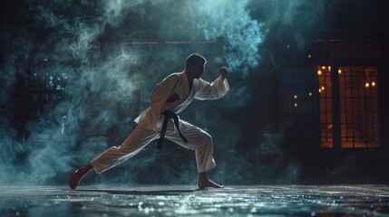 A man in a white karate uniform is in the middle of a kick