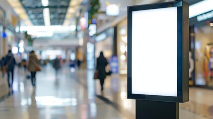 Black digital advertising stand with a blank white screen in the mall, a mockup of a vertical billboard for text and logo on a blurred background of an interior shopping center or airport entrance