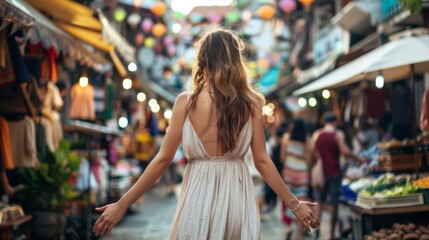 Obraz premium A woman in a flowing dress stands with back to the camera arms held out to sides as takes in the sights and smells . .