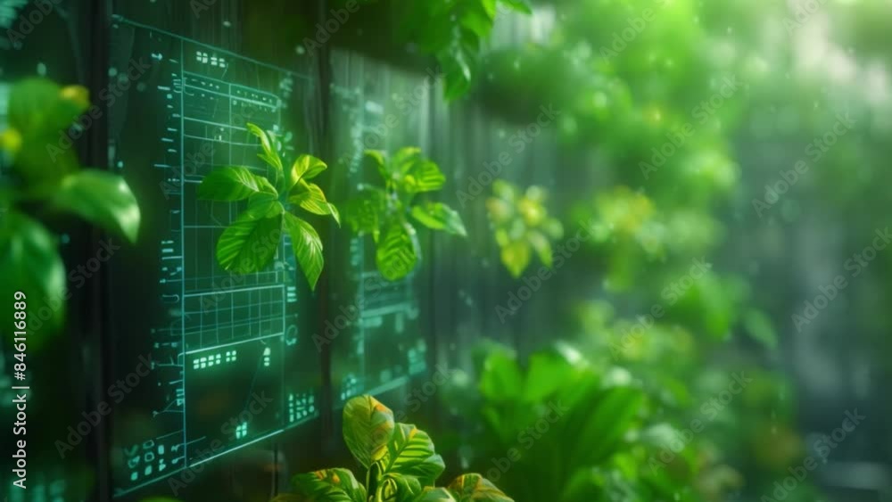 Poster a digital display with holographic graphics showcasing a science class, set against a backdrop of vi