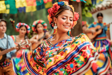 Mexican woman dancing in a beautiful hand embroidered traditional dress, celebrating and enjoying the local festivities of her place of origin.