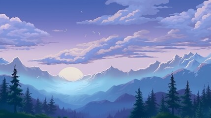 A Serene Landscape of Mountains and Forest at Sunrise with Majestic Cloud Formations