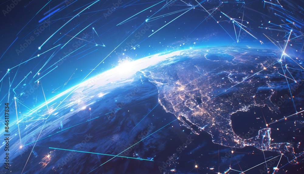 Poster a digital illustration showing earth from space at night, highlighting a global satellite communicat