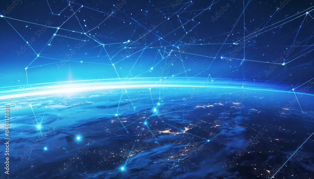 Poster a depiction of a global satellite communication network with connections spanning across the earth, 