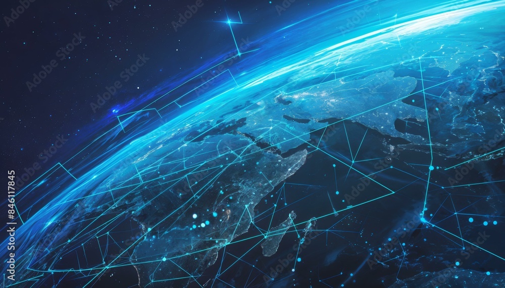 Poster a digital representation of the earth with glowing lines and nodes depicting a global communication 