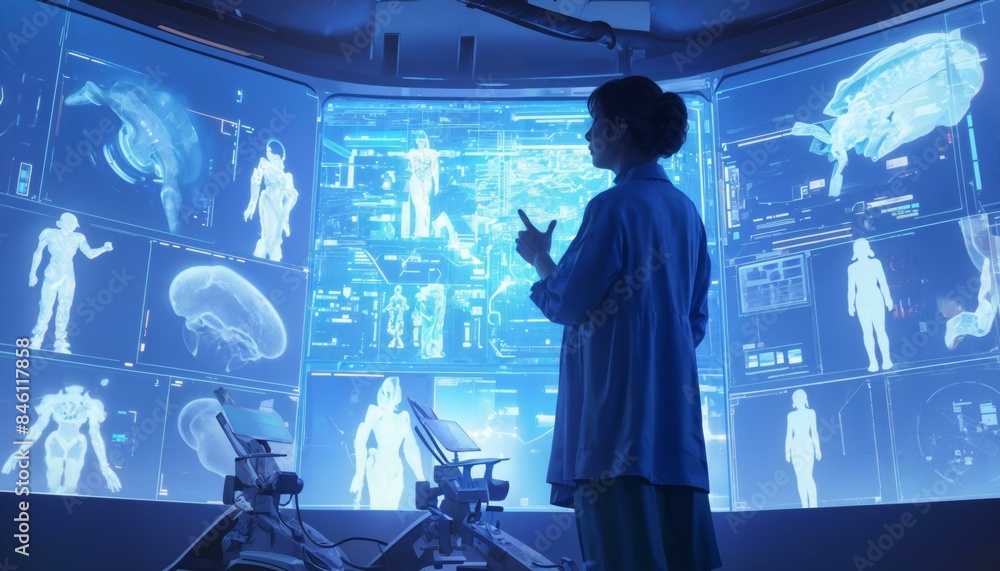 Poster a person interacting with a futuristic holographic display showcasing various biological and anatomi