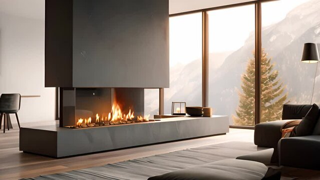 A modern fireplace with a glass firebox, and a sleek concrete surround is set in a contemporary living space, with floor-to-ceiling windows overlooking a snowy mountain landscape.