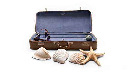 Open Suitcase with Sunglasses and Seashells Isolated on Transparent Background