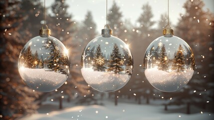 Realistic hanging glass christmas balls empty and with snow. 3d xmas tree decoration, transparent crystal sphere with snowflakes vector set  