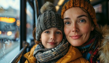 Obraz premium A mother and her son dressed in warm winter clothing share a close moment while traveling on a bus. The background shows the reflection of city lights on the bus window.
