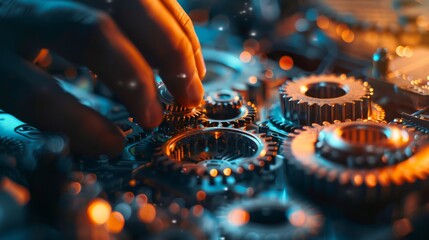 Closeup of a businessman's hand putting gears into place on a board, with blue and orange lighting effects.