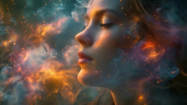 A digital art illustration depicting a woman in a holographic therapy session, surrounded by swirling colors and lights.