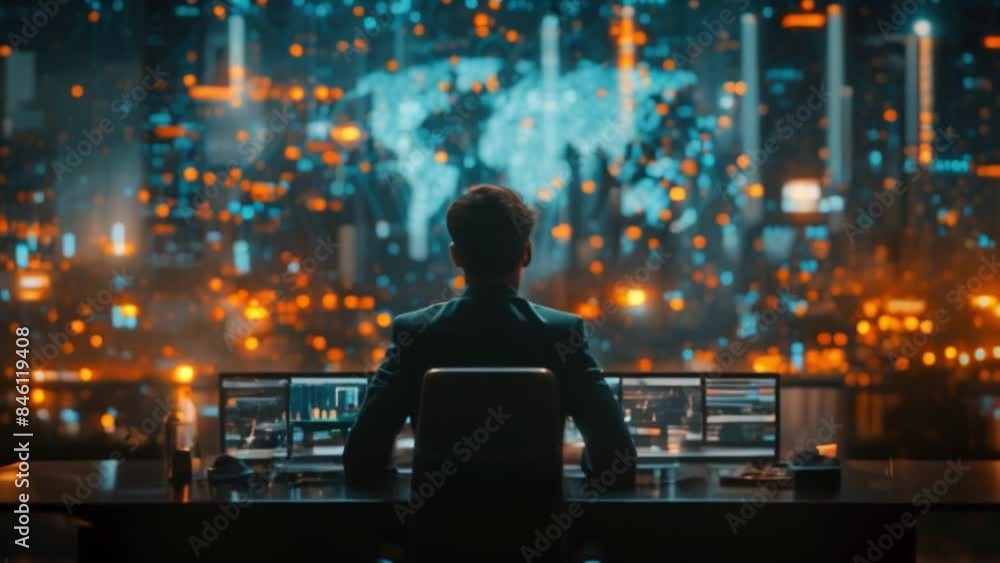 Poster a lone figure sits at a desk, facing a large screen displaying a holographic projection of a busines