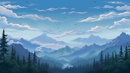 Obraz premium A serene landscape featuring majestic mountains, a peaceful valley, and a flowing river under a cloudy sky with soaring birds.