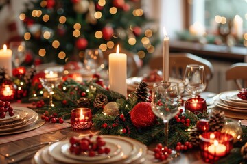 A table is set for a Christmas dinner with red and white plates, silverware