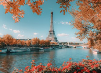 Paris, France. Eiffel Tower with colorful flowers on a blue sky background in autumn. A Parisian landscape.