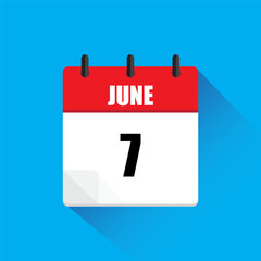 Calendar icon June. Red header June. Date number seven. Blue background.
