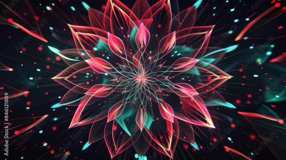 Poster dynamic animated geometric floral pattern over a black backdrop cyber design featuring geometric lin