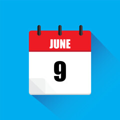 Vector calendar icon. June ninth date. Red and white colors. Blue background.