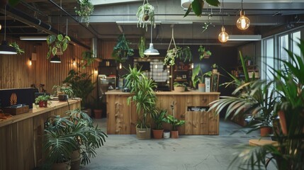A beautifully designed modern office interior with a plethora of green plants and natural wooden furniture, creating an inviting and eco-friendly workspace ambiance