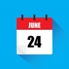 Vector calendar icon. June twenty fourth date. Red and white colors. Blue background.