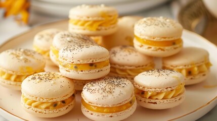 Fototapeta premium A plate of bitesized passion fruit macarons perfect for tea time.