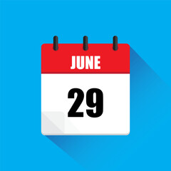 Vector calendar icon. June twenty ninth date. Red and white colors. Blue background.