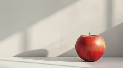 Sunlit red apple on table near window, healthy food still life concept with natural light