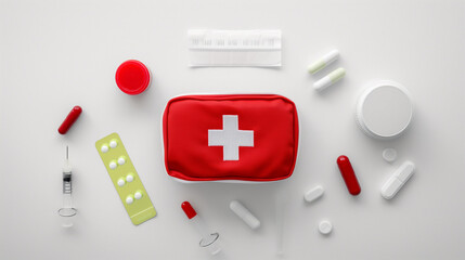 Flat lay composition featuring a first aid kit on a white background