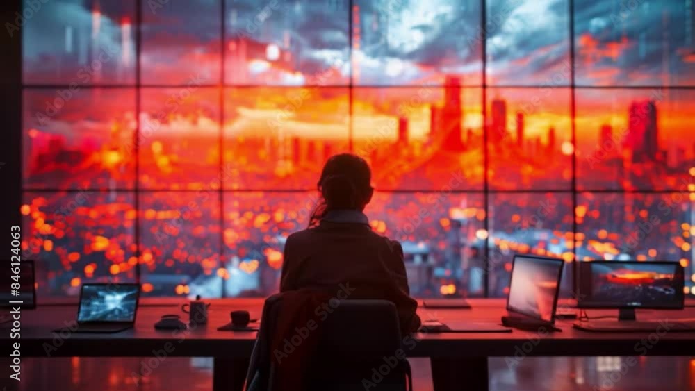 Poster a person sits at a desk, facing a large screen displaying a holographic video call with a cityscape 