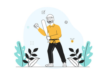 Baseball player concept. Man in helmet and with ball in his hand. Active lifestyle and sports. Athlete at tournament or competition. Linear flat vector illustration