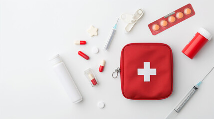 Flat lay composition featuring a first aid kit on a white background