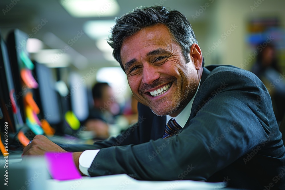 Wall mural a cheerful man in a dark suit is smiling brightly while leaning forward in an office environment wit