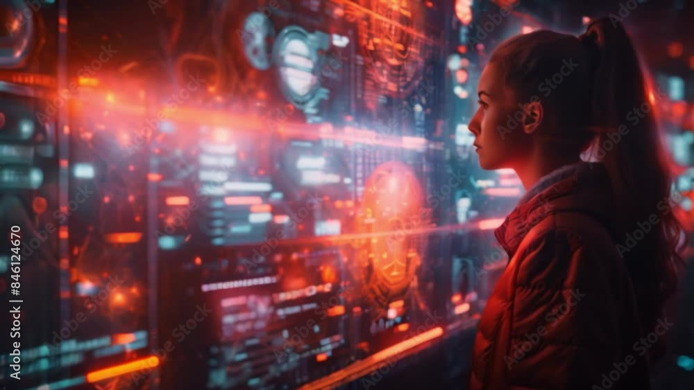 Aufkleber a young student observes a holographic display showing various social studies information. the displ