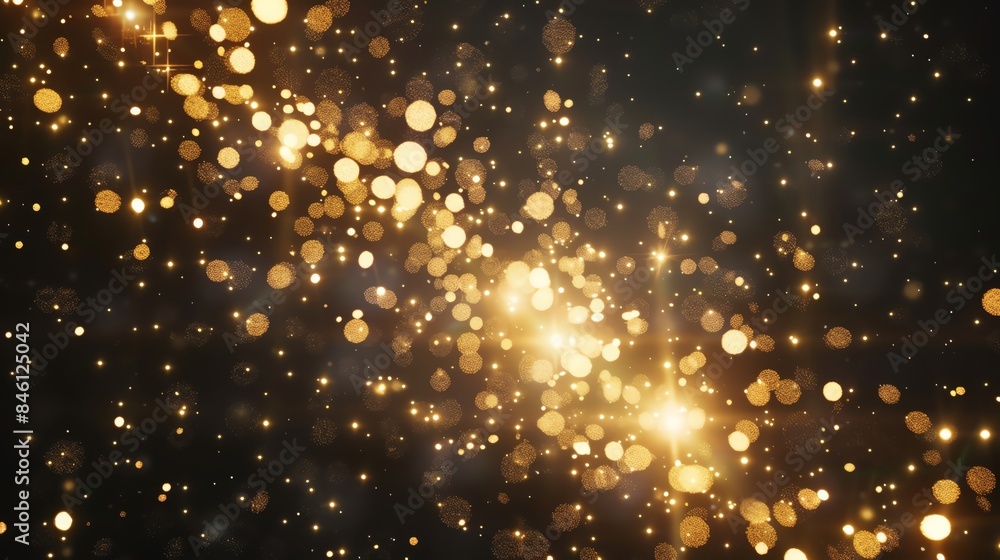 Poster a mesmerizing display of golden bokeh lights against a dark background, creating a festive and elega