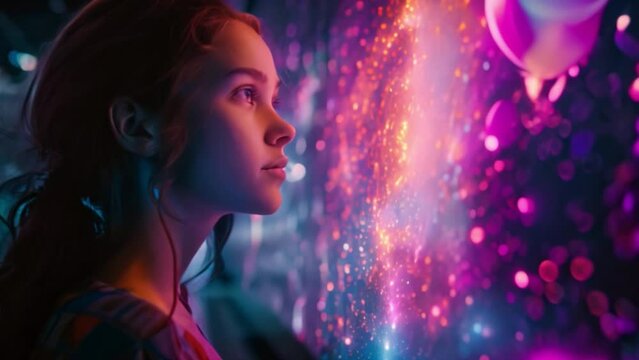 A young woman gazes intently at a holographic screen displaying a vibrant, abstract pattern, suggesting a futuristic learning environment.