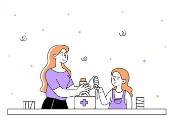 Mother with injured girl. Woman helps her daughter decontaminate wound. Character puts bandage on cut finger. Health care and treatment. Linear flat vector illustration