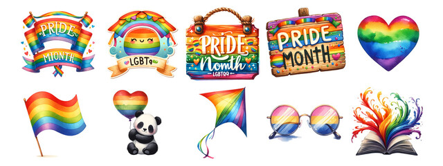 Pride Month watercolor on a translucent white background.