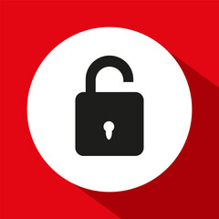 Unlock icon vector. Red background design. Open padlock symbol. Security graphic illustration.