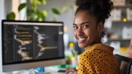 Multiethnic female software engineer reviewing code on her computer, smiling over her shoulder at the camera
