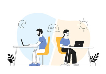 Remote communication concept. Man and woman sit at computers and communicate via video call in social media. Remote employees and freelancers work on project. Linear flat vector illustration