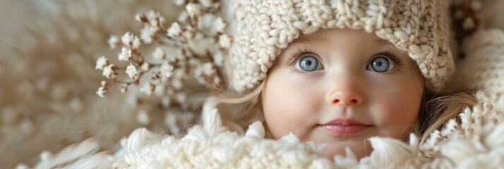 Fototapeta premium A close-up portrait of a baby with mesmerizing blue eyes, wearing a knitted hat and surrounded by soft textures and light-colored flowers