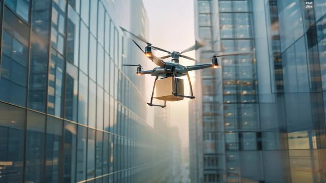 Futuristic mail delivery: drone navigates the urban jungle, ensuring timely postage
