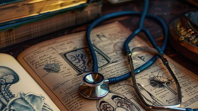 A stethoscope and medical books on the table, surrounded by various anatomical drawings, symbolizing your love for medicine. In the style of Dark Aesthetic, with an Old World charm
