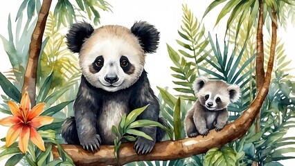Obraz premium Adorable illustration of a panda mother and cub sitting on a branch amongst tropical foliage and flowers